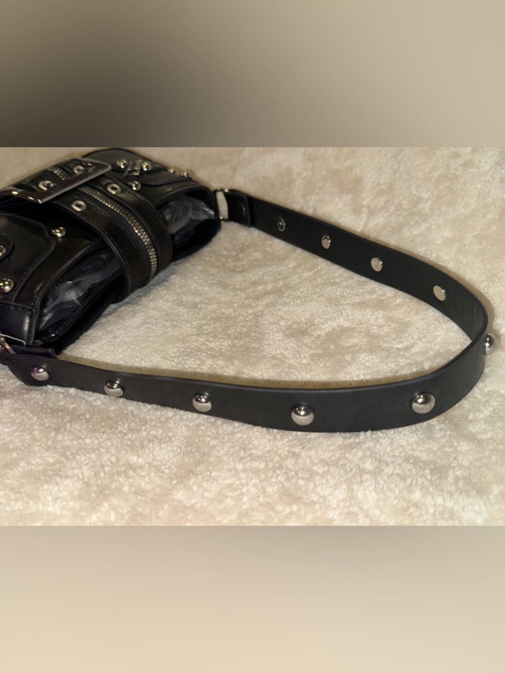 NWOT Black Silver Studded Buckle Zipper Accents Shoulder Bag Y2K Punk Whimsigoth - Picture 8 of 15